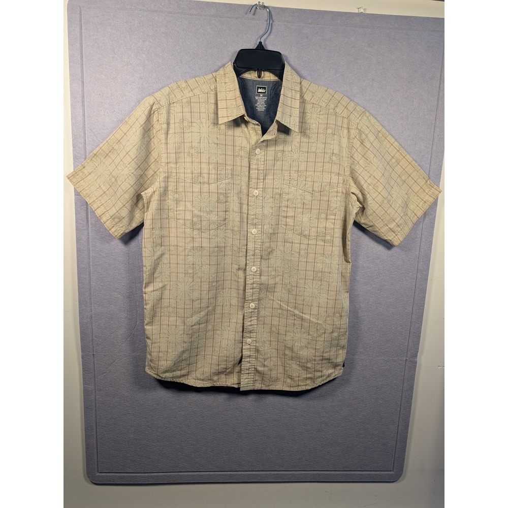 REI Men's Beige Floral Short Sleeve Shirt Button Up Sz M Cotton/Polyester Blend